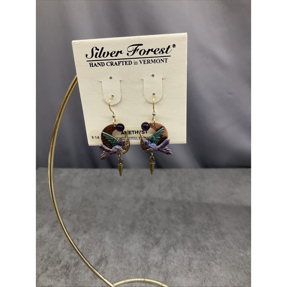 Silver Forest Pink Hummingbird 18kt GP Filigree Teardrop Dangle Earrings Layered